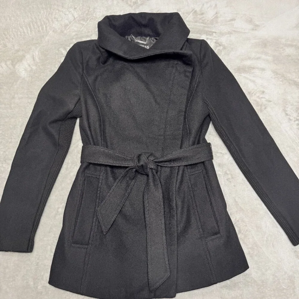 Express Black Wool Blend Belted Asymmetrical Zip Funnel Neck Coat Size XS
